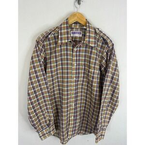 Vintage 70s Men  L Lew Magram Plaid Button Shirt Epaulets Long Sleeve New York